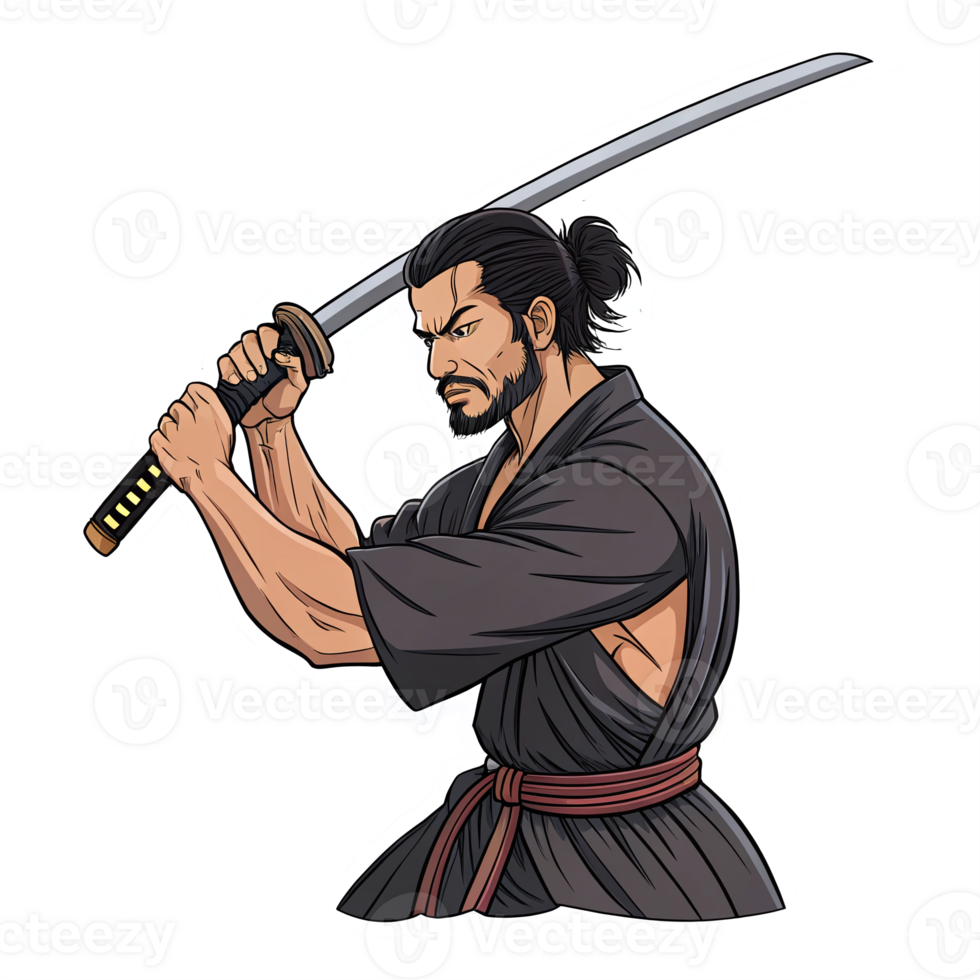 Samurai Warrior Holding Katana with Detailed Expression in Transparent Style png