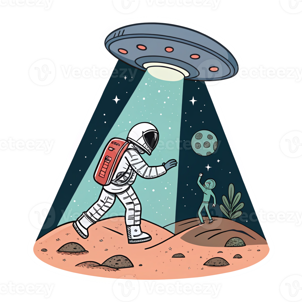 Astronaut Encountering Alien in UFO Beam on Planet Surface with Space Elements png