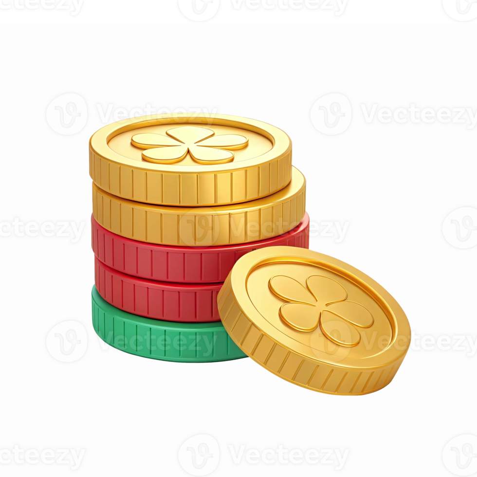 Colorful Stacked Coins with a Four Leaf Clover Design on a Transparent Background png