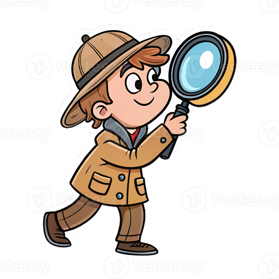 Curious Boy Detective with Magnifying Glass in Brown Coat and Hat on Transparent Background png