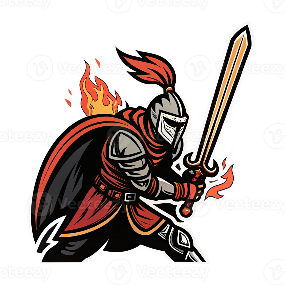 Fierce Knight Warrior with Flaming Sword in Dynamic Battle Pose Transparent Background png