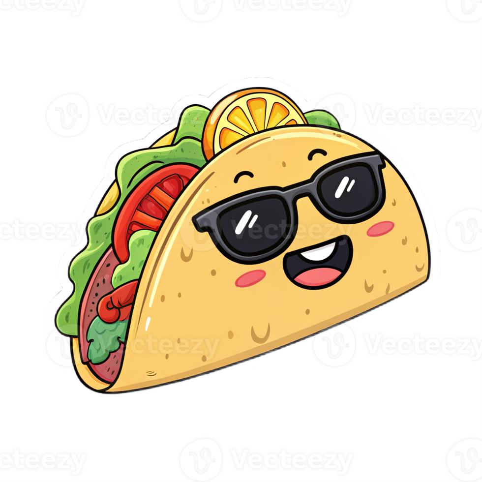 Happy Taco Character Wearing Sunglasses with Colorful Ingredients on Transparent Background png