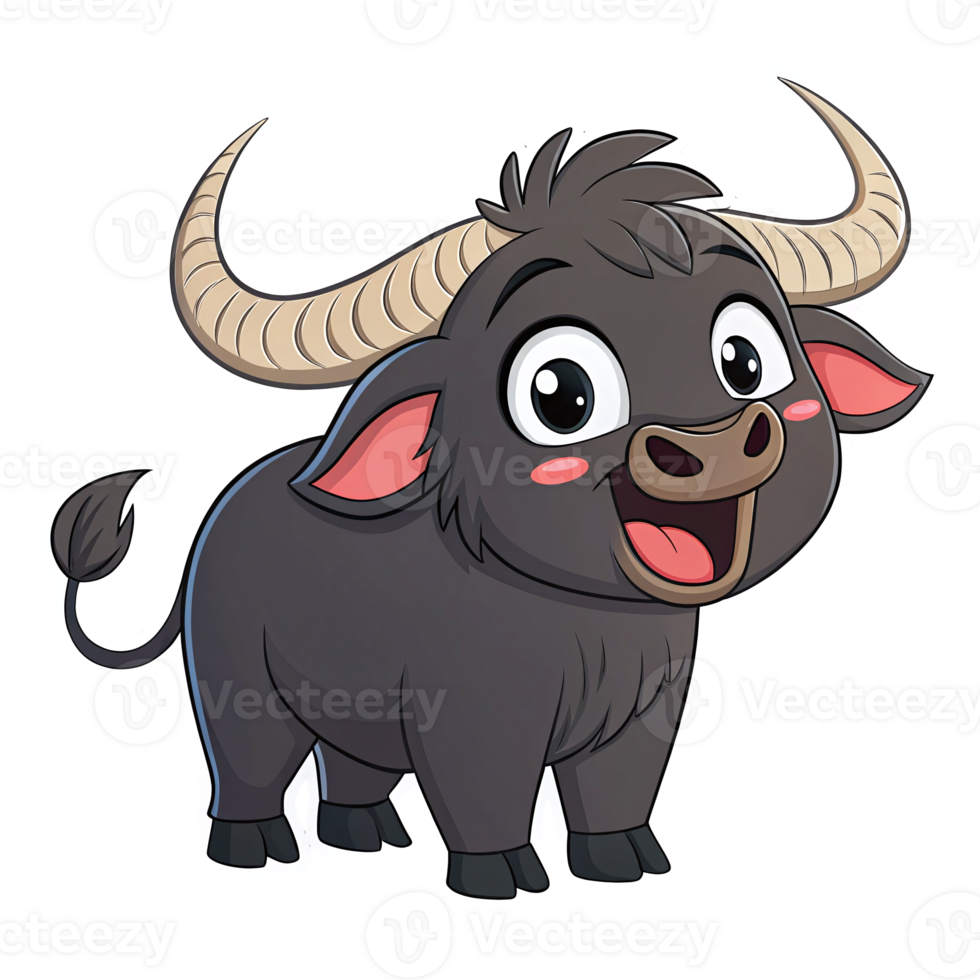 Cute Cartoon Water Buffalo Character with Big Eyes and Happy Expression on Transparent Background png