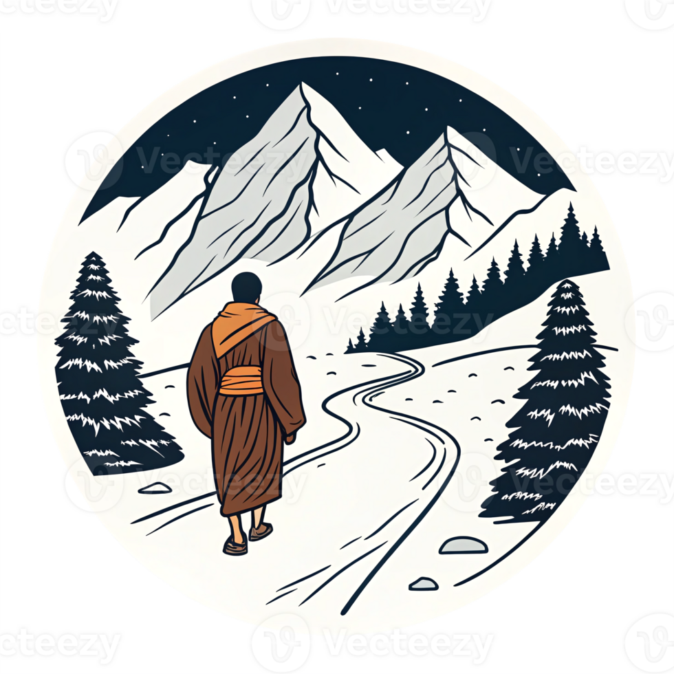Monk Walking Path Through Snowy Mountains with Trees in Circular Design png