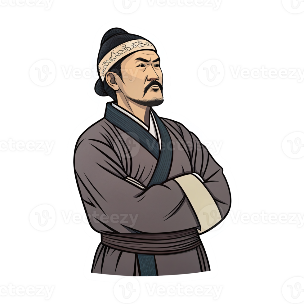 Confident Traditional Asian Man in Cultural Attire with Thoughtful Expression on Transparent Background png