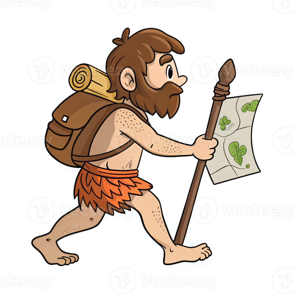 Adventurous Caveman Hiking with a Map Transparent Background Cartoon Graphic png