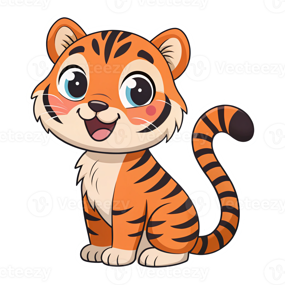 Cute Cartoon Tiger with Big Eyes and Playful Expression on Transparent Background png