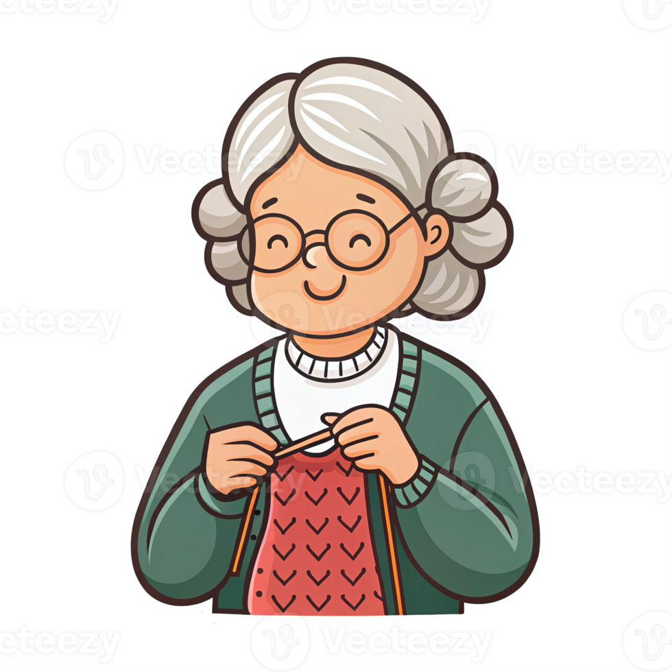 Elderly Woman Knitting Cozy Sweater in Colorful Yarn with Smiling Expression on Transparent Background png