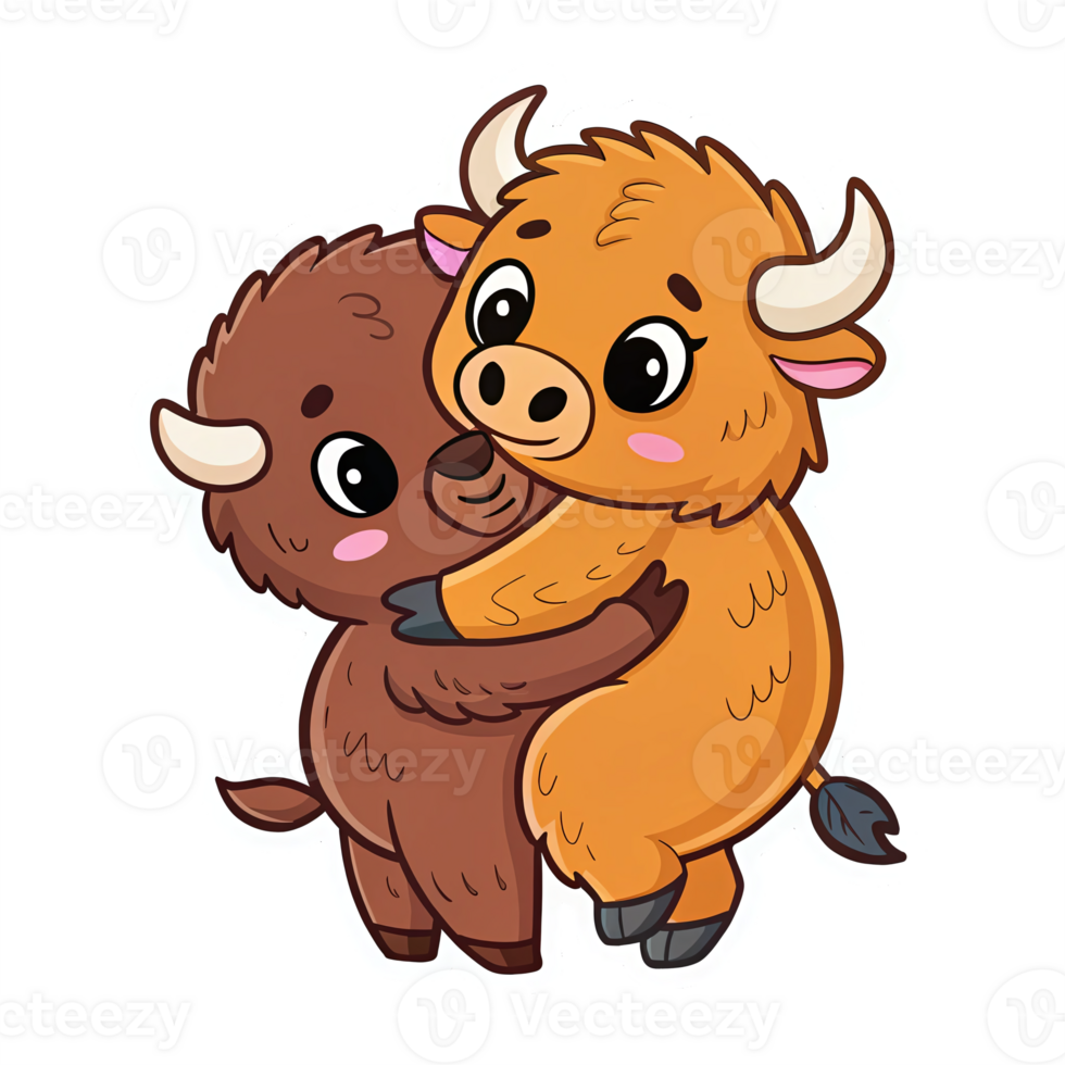 Cute Cartoon Bison and Highland Cattle Characters Embracing with Friendly Expressions png