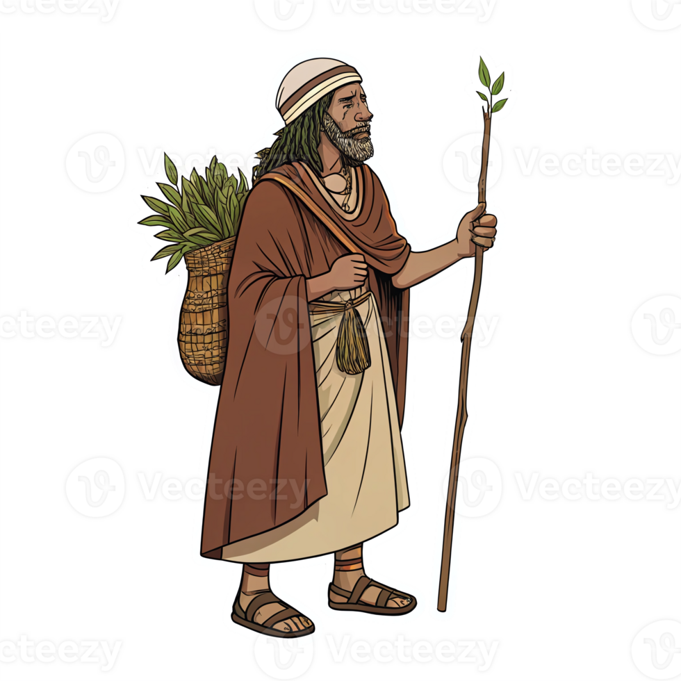 Ancient Herbalist Holding Walking Stick with Basket of Herbs on Transparent Background png