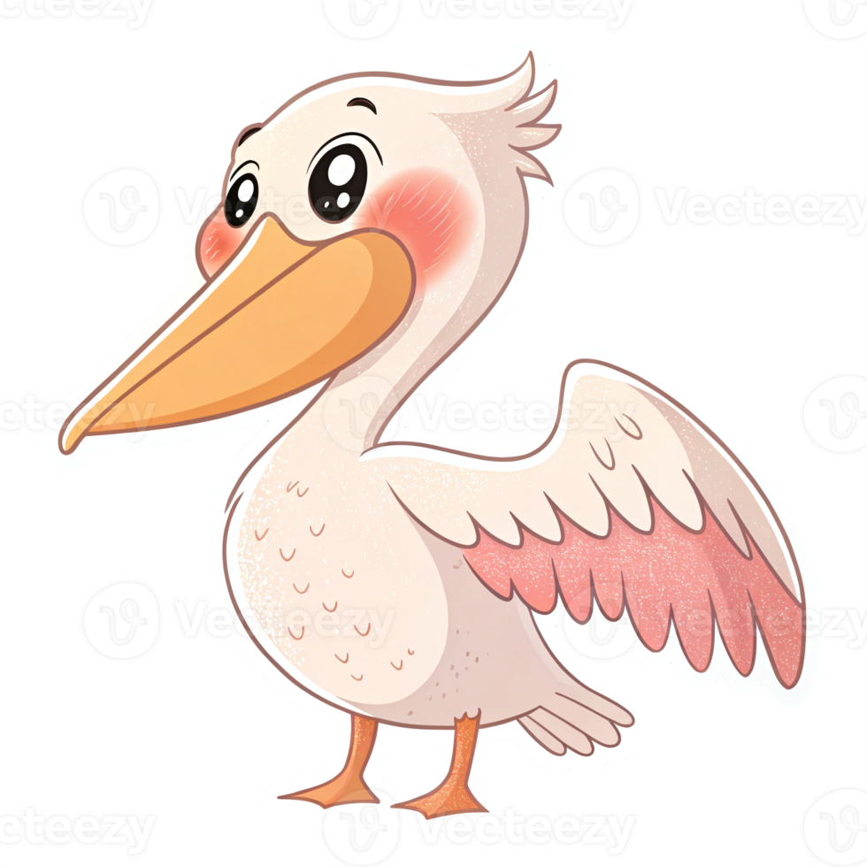 Cute Cartoon Pelican Character with Big Beak and Cheerful Expression for Kids Educational Materials png