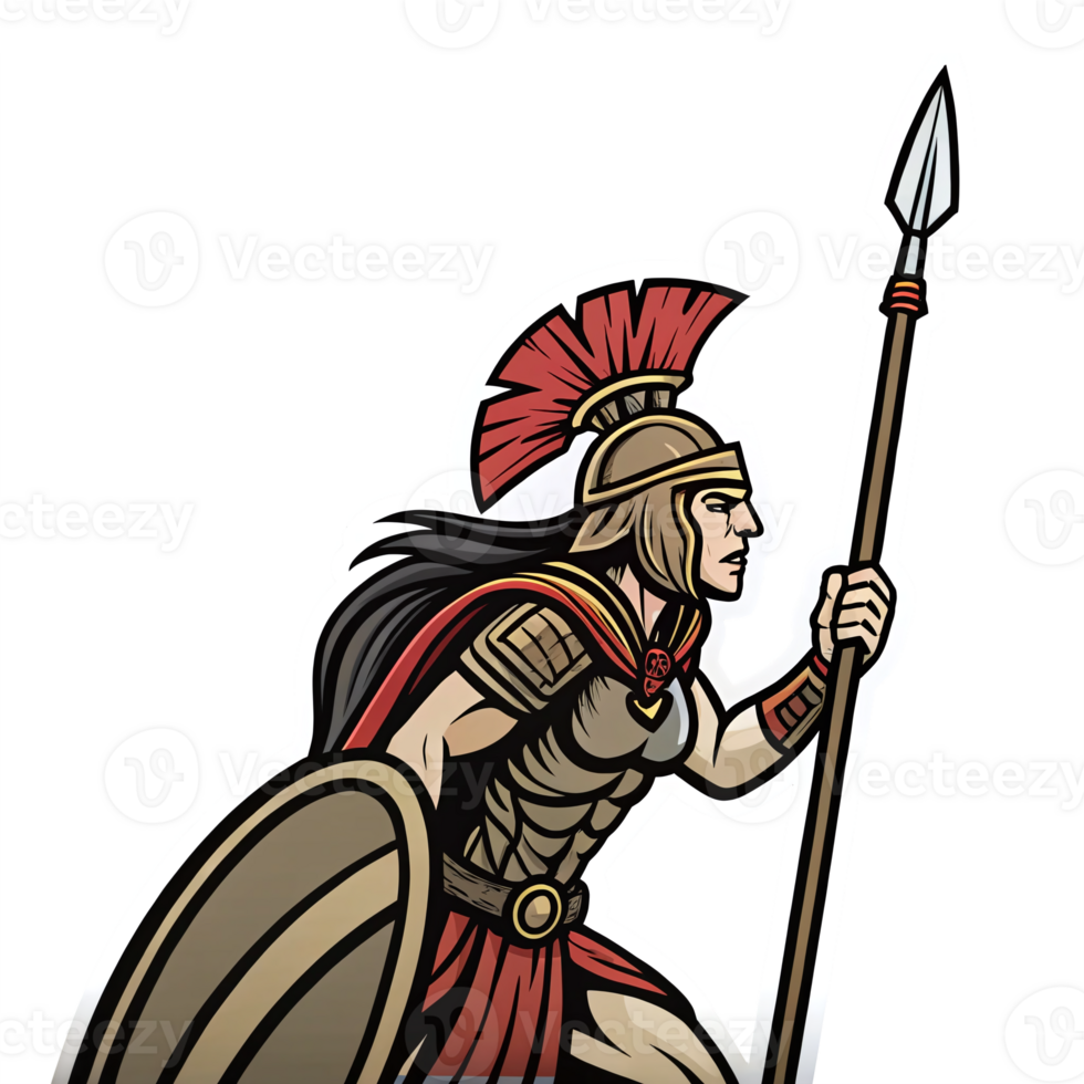 Ancient Warrior Woman with Spear and Shield in Strong Pose on Transparent Background png