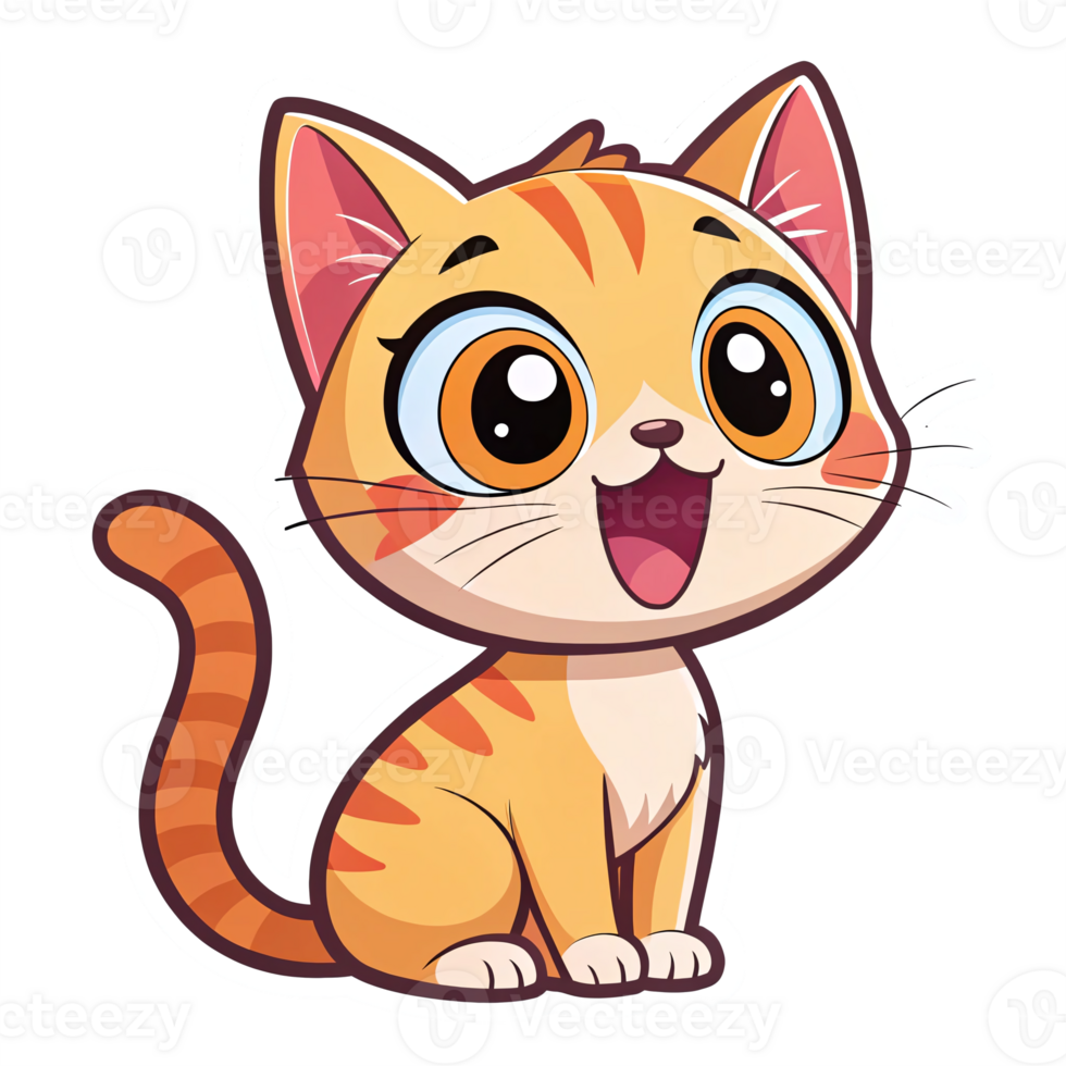 Cute Playful Orange Cat Character with Big Eyes and Happy Expression on Transparent Background png