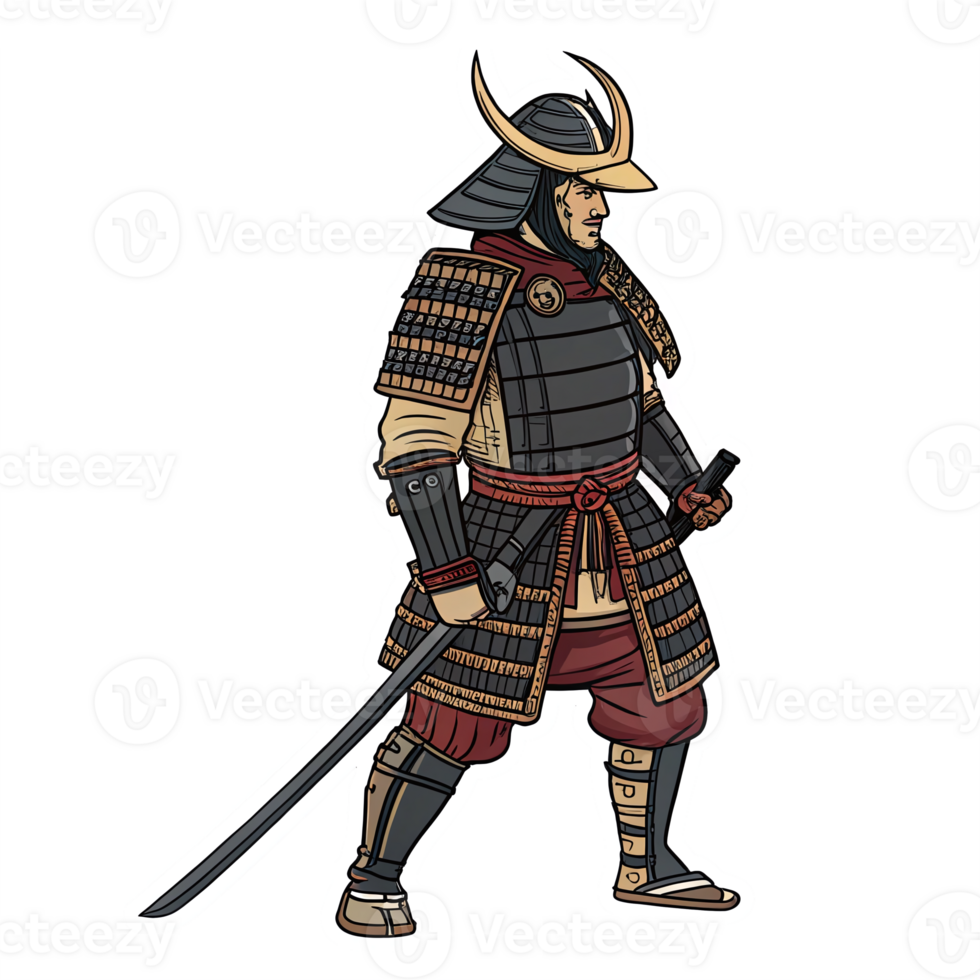 Samurai Warrior Illustration with Sword in Traditional Armor on Transparent Background png