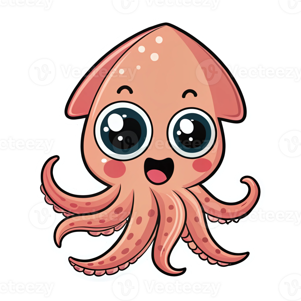 Cute Cartoon Squid Character with Big Eyes and Smiling Expression on Transparent Background png