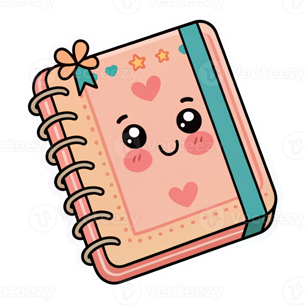Adorable Cute Kawaii Notebook with Smiling Face and Decorative Elements on Transparent Background png