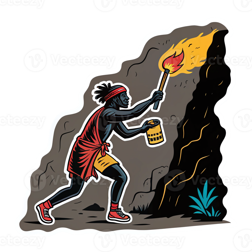 Explorer Holding Torch in Cave Illustrating Adventure and Primitive Discovery png