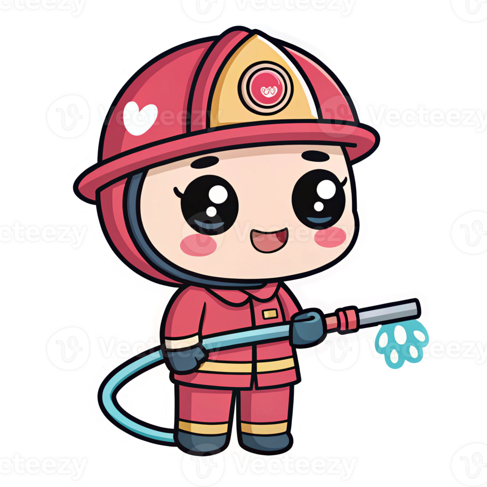 Cute Cartoon Firefighter Character with Water Hose Illustrations and Designs png