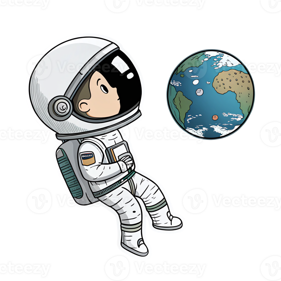 Cute Astronaut Floating in Space Observing Earth with Transparent Background png