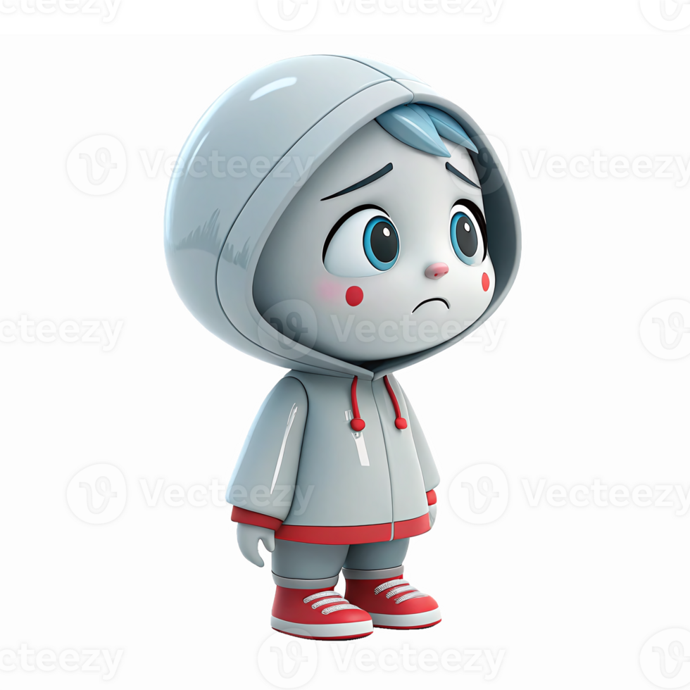 Sad Cartoon Character in Gray Hoodie with Blue Hair and Red Shoes on Transparent Background png