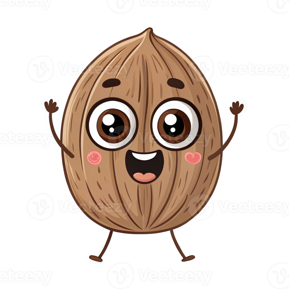 Cute Cartoon Nut Character with Big Eyes Cheerfully Celebrating on Transparent Background png