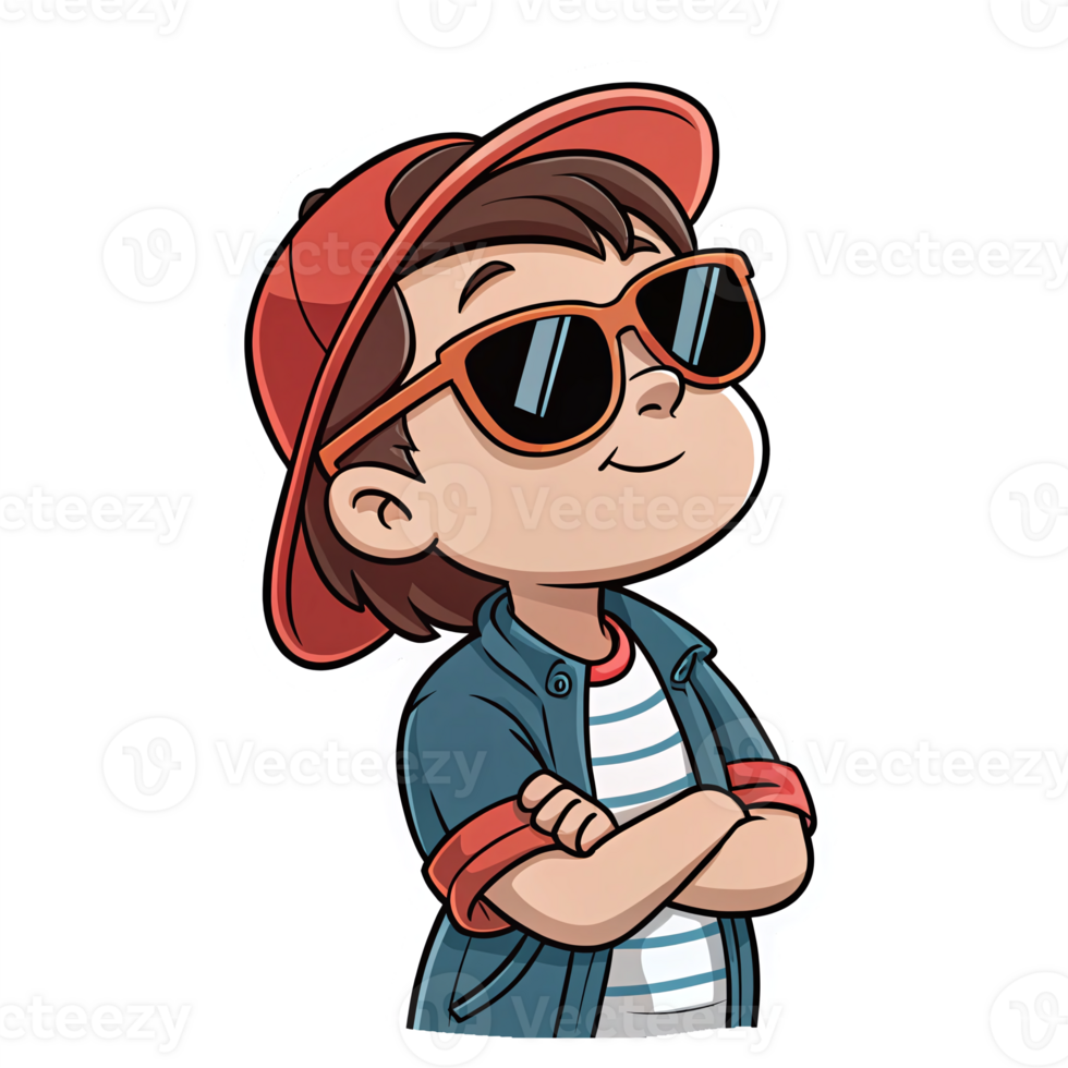 Cool Confident Boy with Sunglasses and Cap in Fun Vibrant Cartoon Style with Transparent Background png