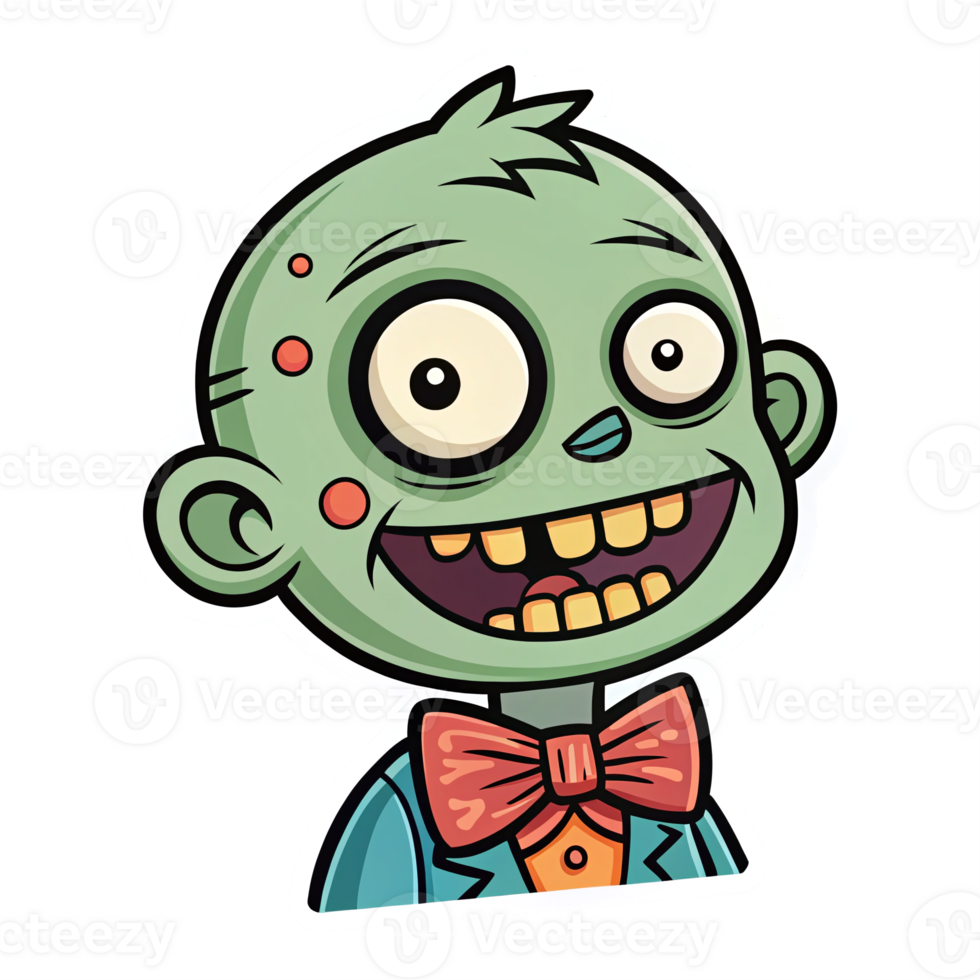 Funny Cartoon Zombie Character with Big Eyes Wearing a Suit and Bowtie on Transparent Background png