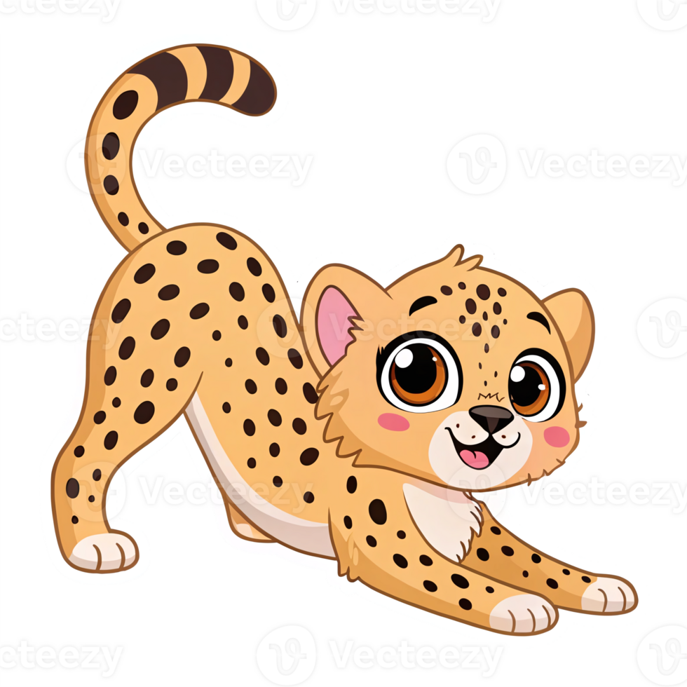 Cute Playful Cartoon Leopard Cub Stretching with Big Eyes on Transparent Background png
