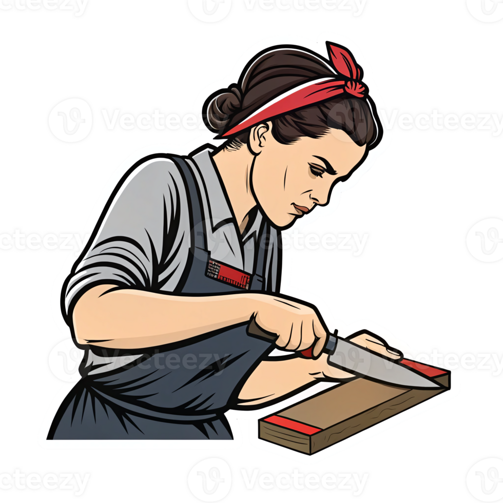 Creative Woman Carpenter Skillfully Using Knife to Shape Wood with Transparent Background png
