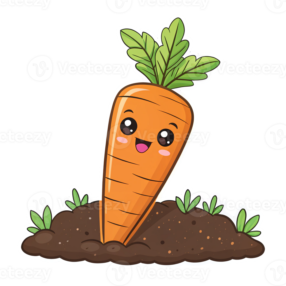 Cute Happy Carrot Character with Green Leaves Emerging from Brown Soil on Transparent Background png