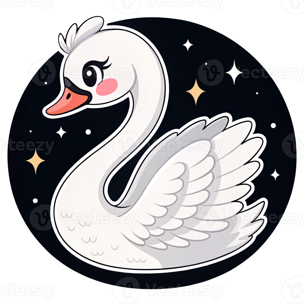 Elegant Cartoon Swan with Sparkling Stars on Transparent Background for Whimsical Designs png
