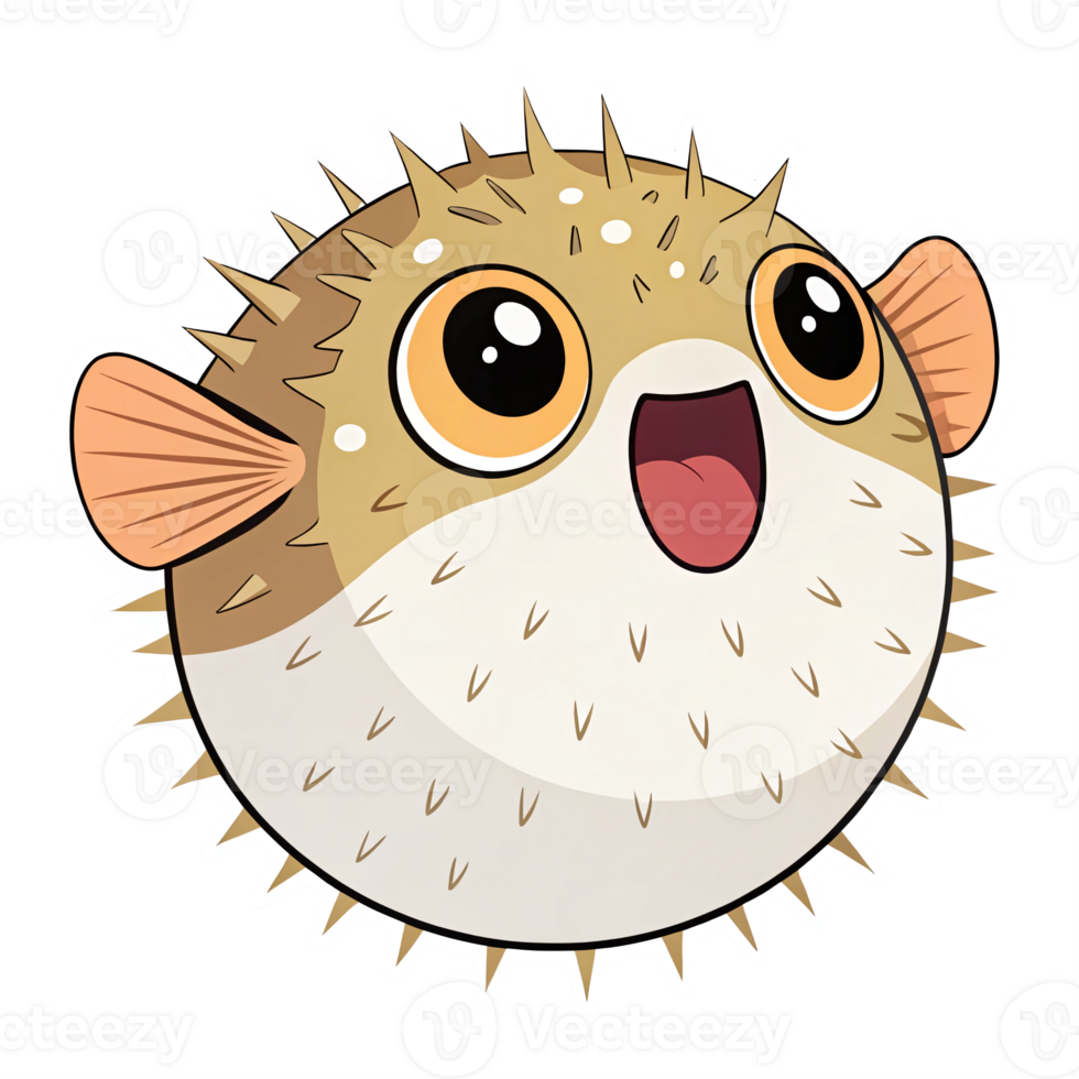 Cute Cartoon Pufferfish Character with Big Happy Eyes and Spiky Body on Transparent Background png