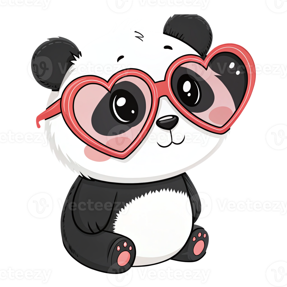 Cute Pandas with Heart Shaped Glasses Cartoon Character with Transparent Background png