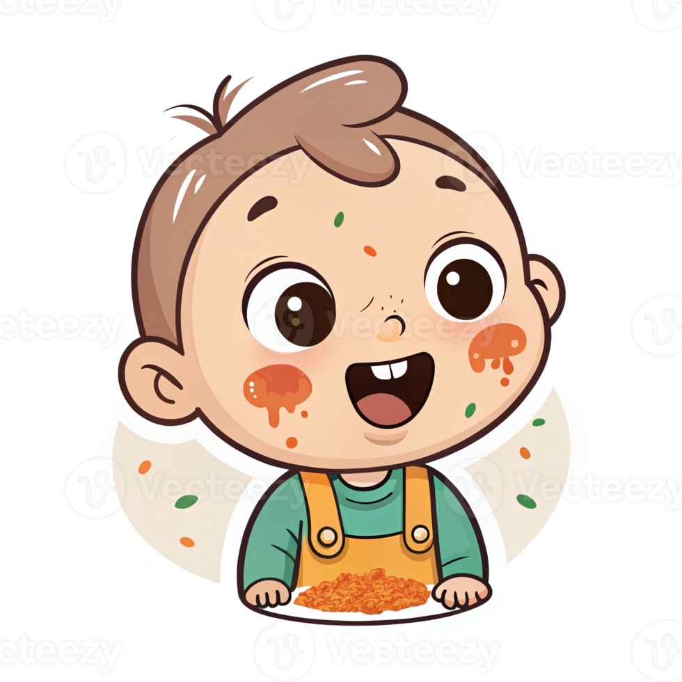 Happy Child Enjoying Messy Meal with Food on Face and Plate in Fun Cartoon Style png