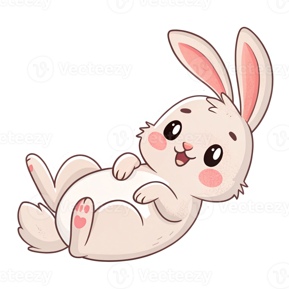 Cute Cartoon Rabbit Laying Down with Cheerful Expression on Transparent Background png