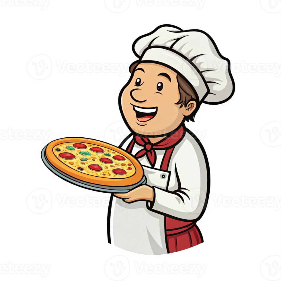 Cheerful Chef Holding Delicious Pizza with Toppings Smiling in a White Uniform and Hat png
