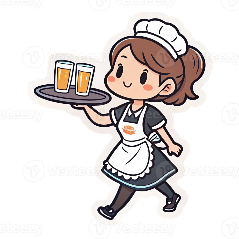 Cheerful Waitress Carrying Drinks on Tray in Modern Flat Design with Transparent Background png