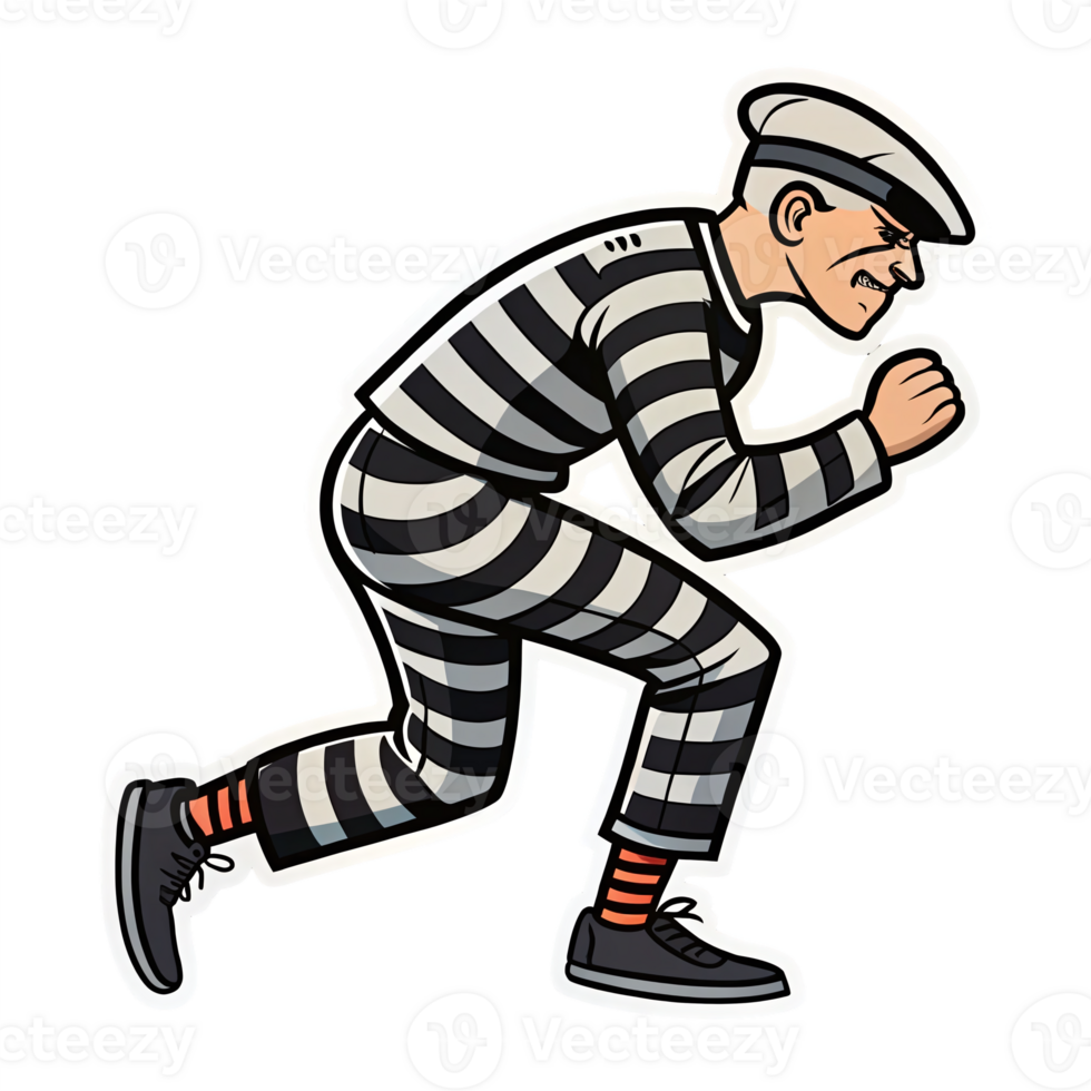 Running Prisoner Character in Striped Uniform with Cap and Red Socks on Transparent Background png