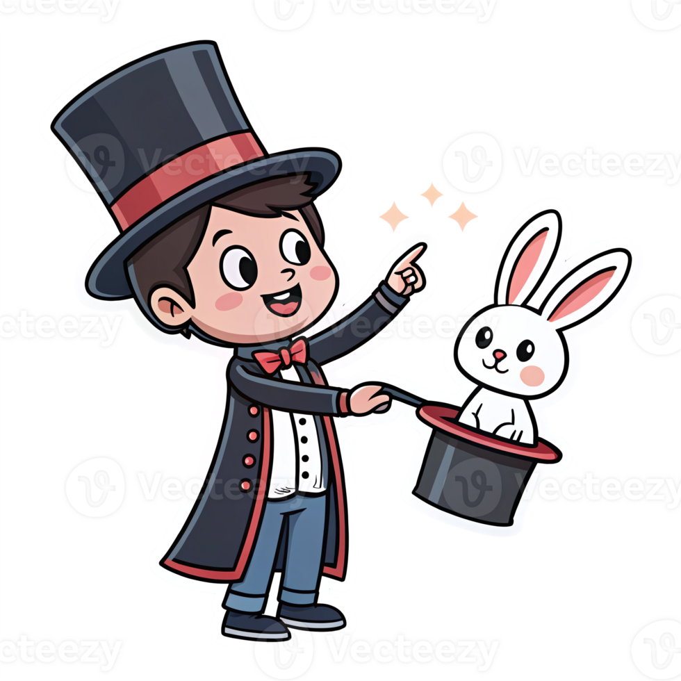 Magician Boy Revealing Cute Bunny from Top Hat Cheerful Cartoon Character with Transparent Background png