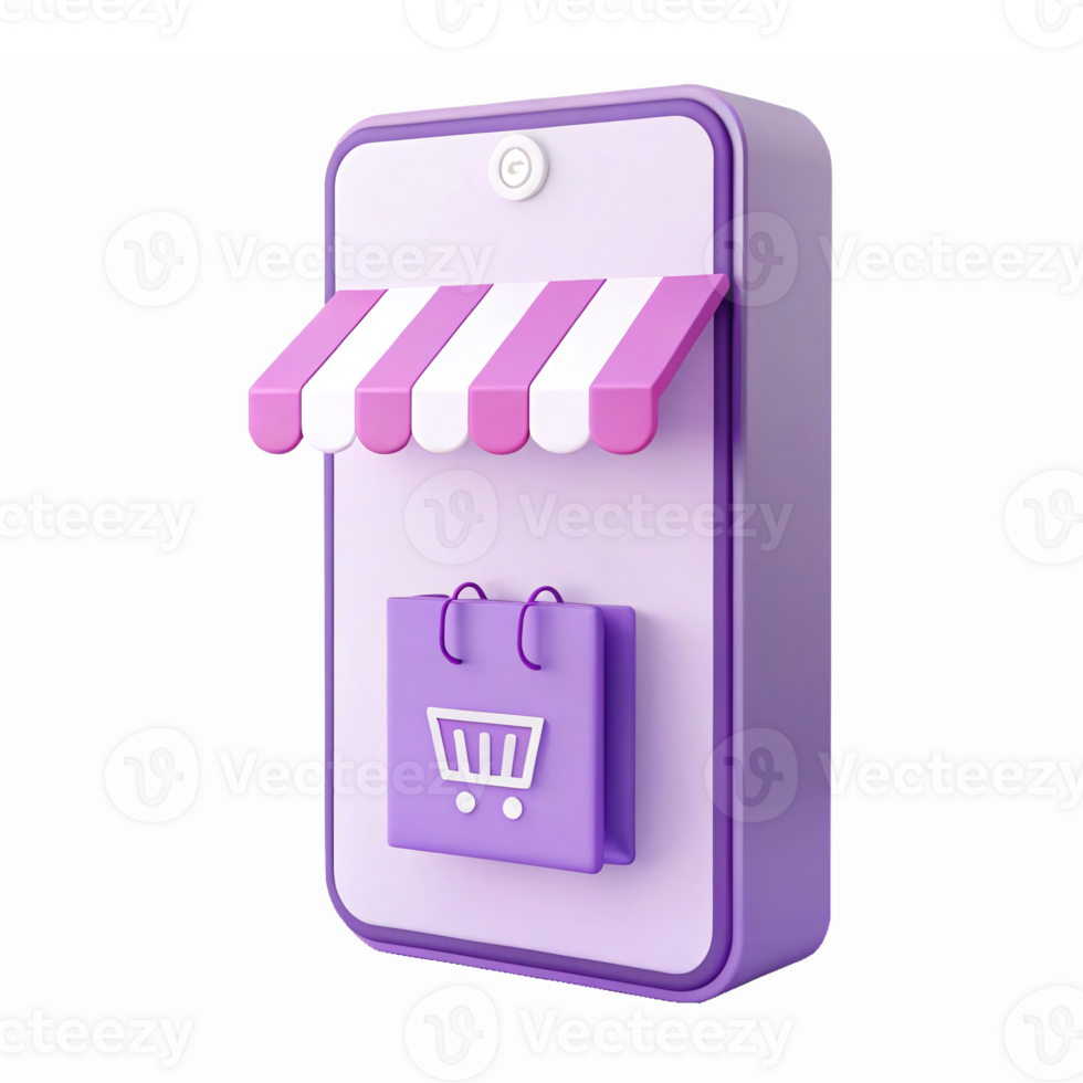Smartphone with Shopping Cart and Striped Awning for Online Retail and E-commerce png