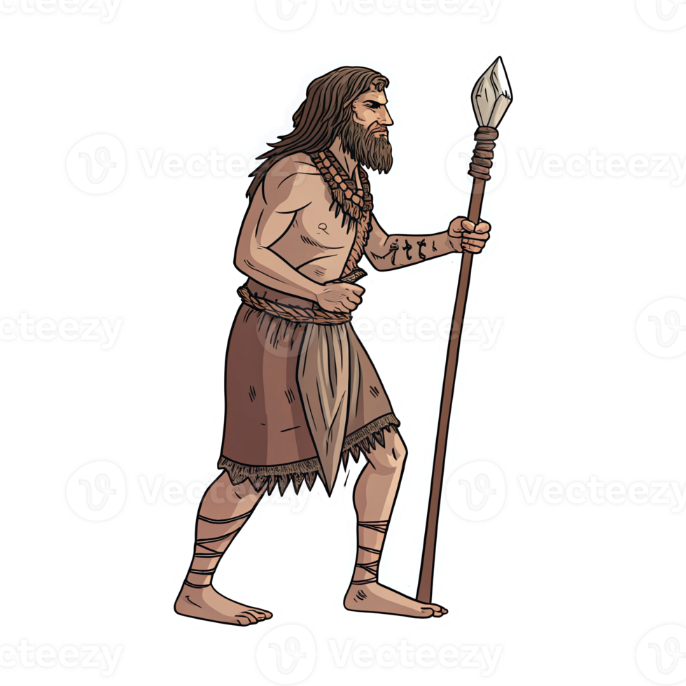 Prehistoric Warrior Holding Spear With Traditional Attire Isolated On Transparent Background png