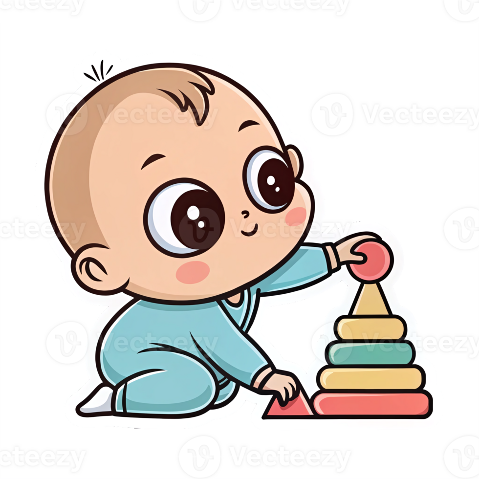 Cute Baby Playing with Colorful Stacking Rings Transparent Background Illustration png