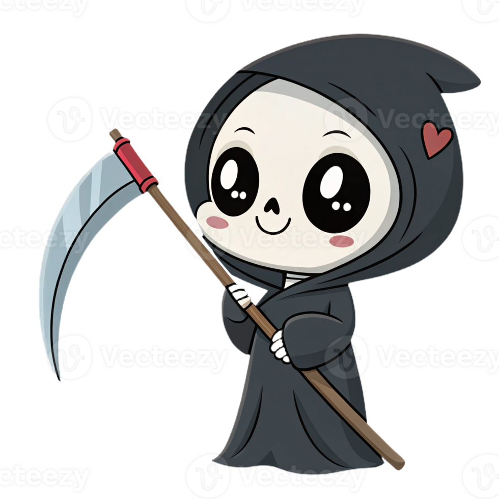 Cute Cartoon Grim Reaper Character Holding Scythe with Adorable Expression on Transparent Background png