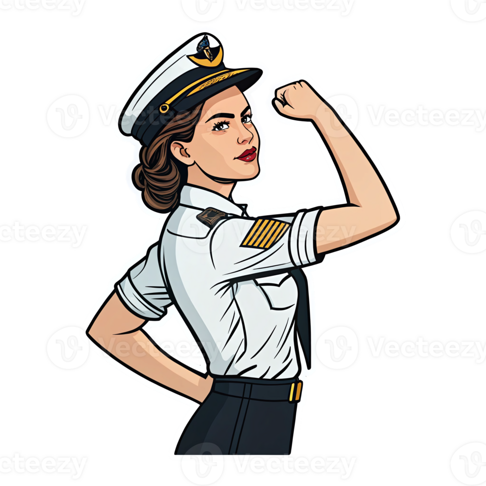 Powerful Female Pilot Vintage Style Character with Arm Raised on Transparent Background png