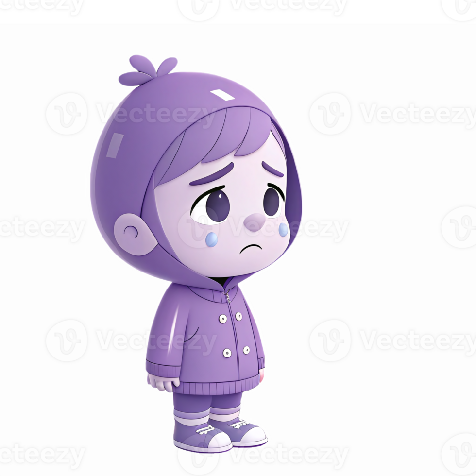 Sad Cartoon Character in Purple Hoodie with Tearful Expression on Transparent Background png