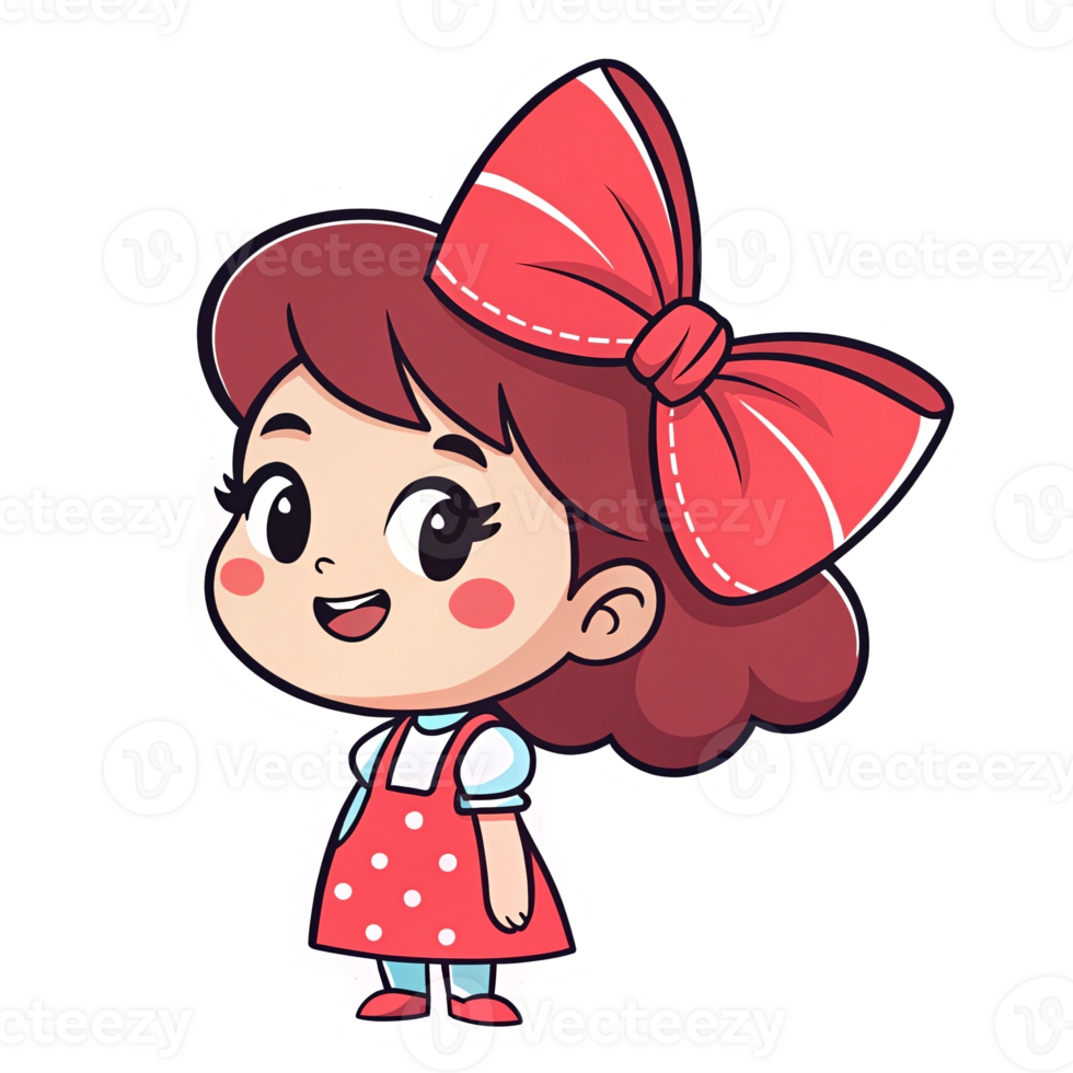Cute Cartoon Girl Character with Big Red Bow in Polka Dot Dress and Cheerful Expression png