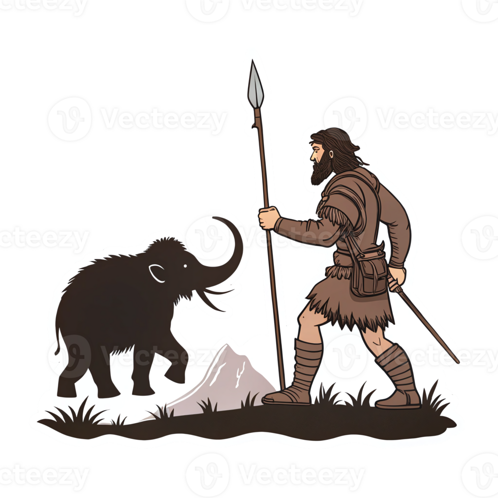 Caveman Facing Woolly Mammoth with Spear in Prehistoric Landscape png