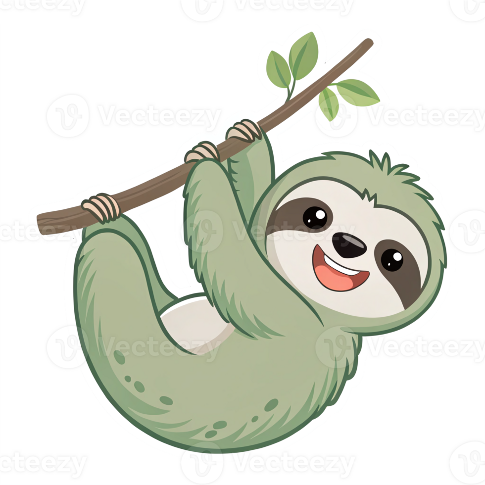 Cute Sloth Hanging from Branch with Leaves Smiling Character Illustration Transparent Background png