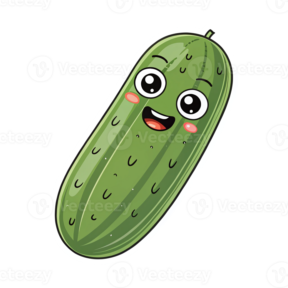 Cute Cartoon Cucumber Character with Big Eyes and Smile on Transparent Background png