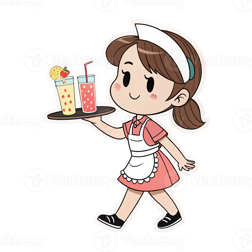 Cheerful Waitress Carrying Tray with Colorful Drinks in Retro Style on Transparent Background png
